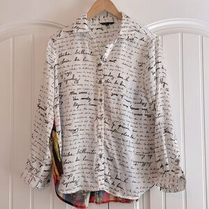 John Mark Women's Long Sleeve Blouse‎ Top French Quotes Colorful Size S EUC